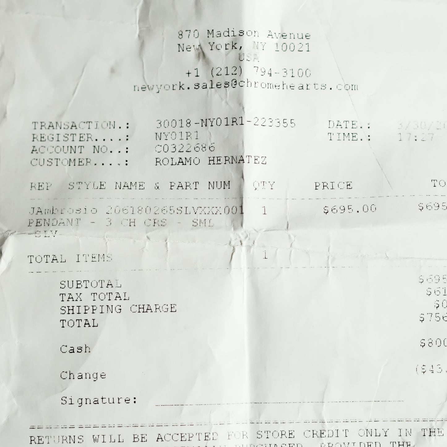 Chrome Hearts 3 CH CRS SML / CH TRIPLE CROSS pendant